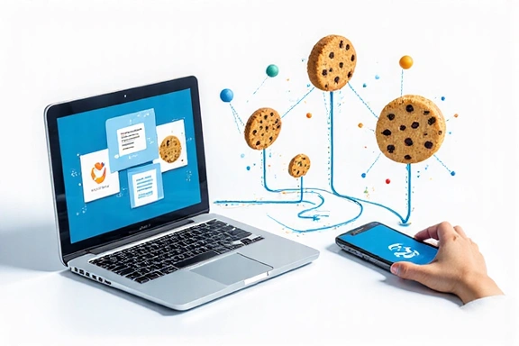A cookie-kat jelképező digitális kekszek, amelyek adatáramlást mutatnak egy laptop és egy okostelefon között, modern, tiszta stílusban készült illusztráció.