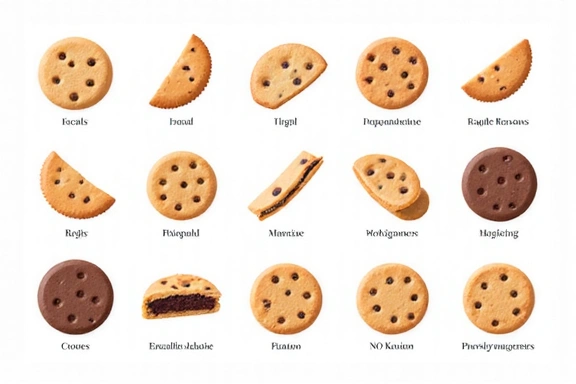 Különböző típusú cookie-kat ábrázoló ikonok gyűjteménye (pl. funkcionális, analitikai, marketing), rendezetten elhelyezve, tiszta, minimalista grafikai stílusban.