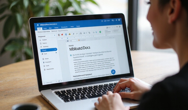 Egy személy, aki könnyedén használja a Mbloated Docs felületét laptopon, mosolygós arccal, zökkenőmentes felhasználói élményt sugallva.