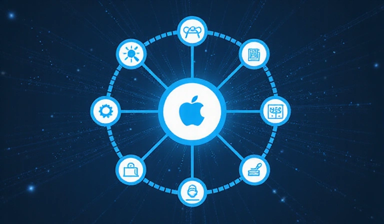 Különböző szoftverikonok hálója, amelyek kapcsolatokat és integrációkat szimbolizálnak, modern, digitális stílusban.